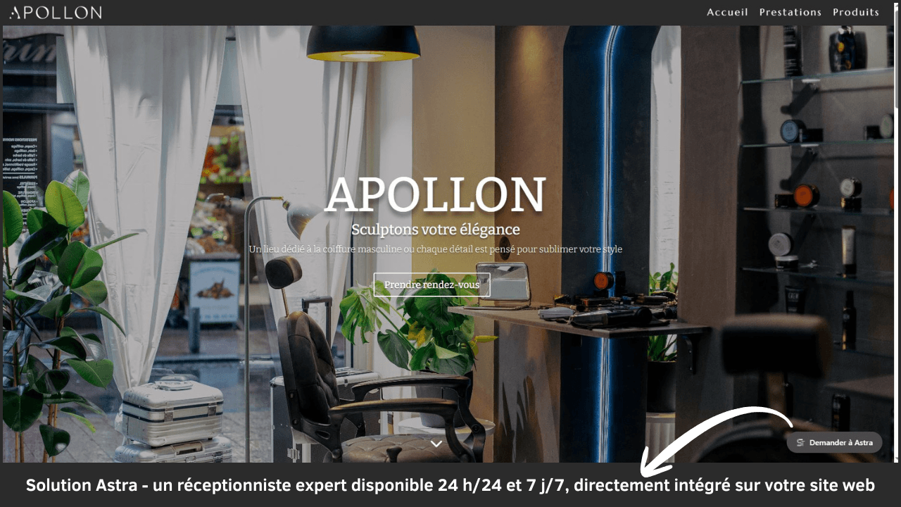 Page d'accueil du site Apollon Enghien avec un message mettant en avant Astra, le chatbot intelligent disponible 24h/24 et 7j/7.