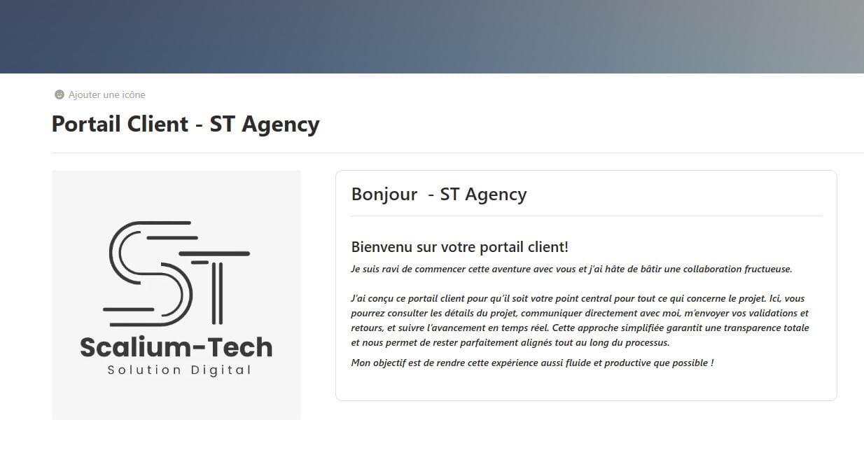 Portail client Scalium-Tech permettant aux clients de suivre l'avancement de leur projet, échanger et centraliser les informations importantes.