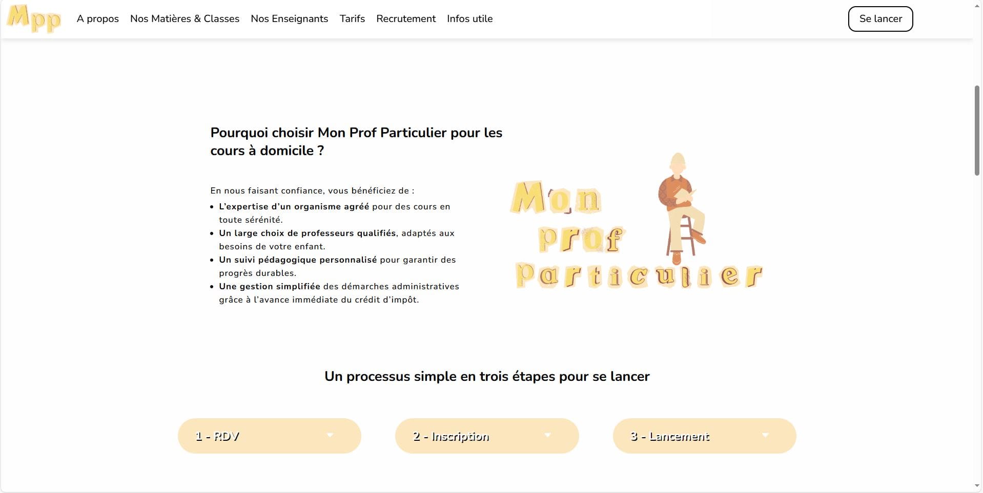 Page d'accueil du site monprofparticulier.fr présentant les avantages des cours particuliers à domicile et un processus d'inscription simple en trois étapes.